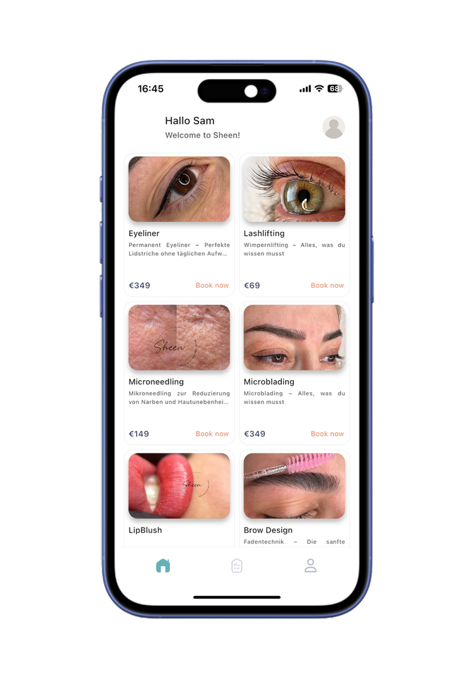 Sheen Berlin mobile app home screen showing beauty treatment categories and booking options