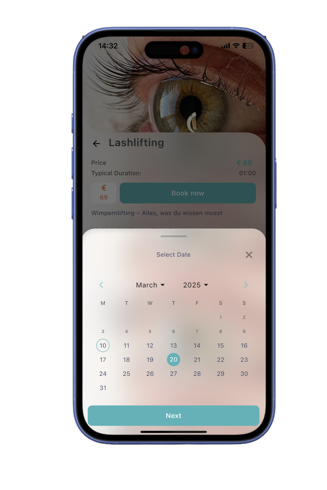 Sheen Berlin app booking calendar interface for scheduling beauty appointments in Berlin