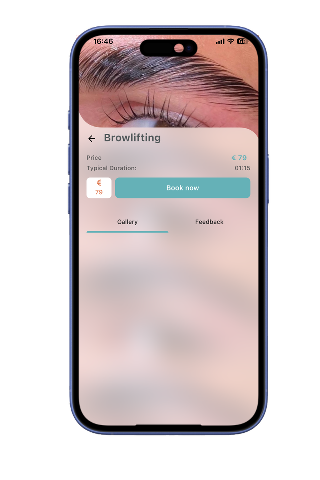 Sheen Berlin app treatment selection screen displaying microblading, lash lifting, and brow services